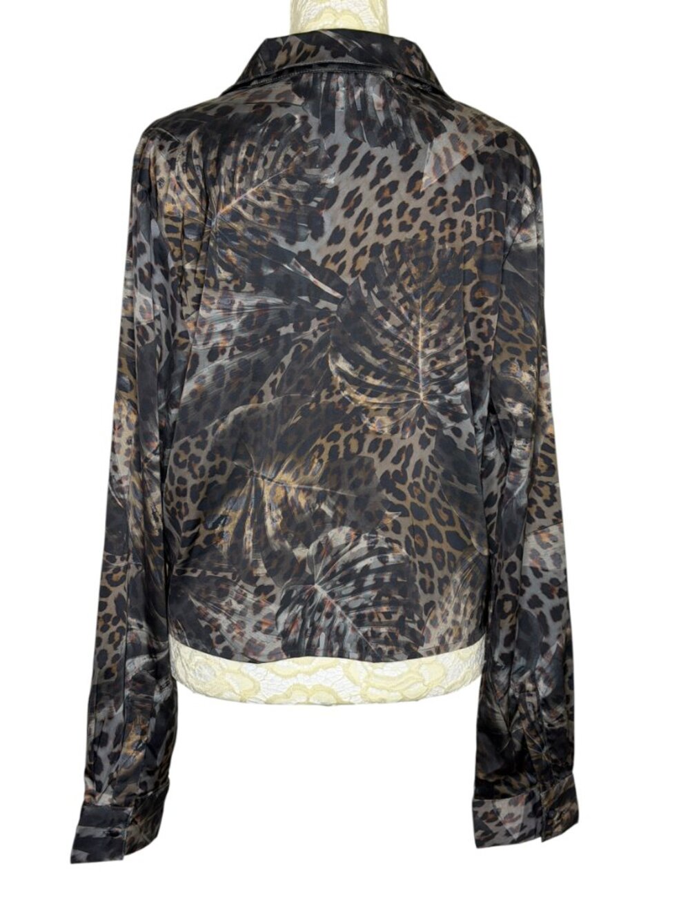 Guess Satin Blouse Shirt Top Button Front Tie Waist V Neck Animal Print M NWOT - Picture 5 of 8